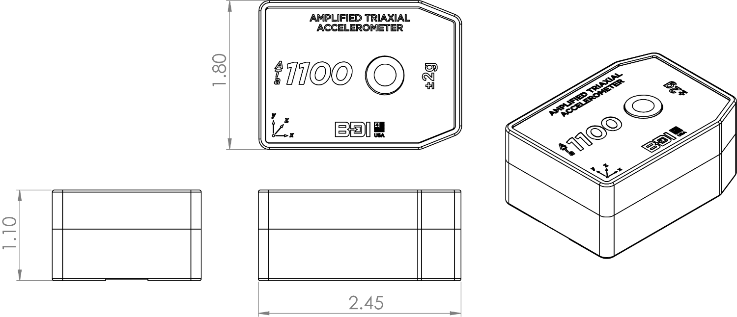 BDI TA1512 Triaxial Accelerometer Technical Drawing in Inches