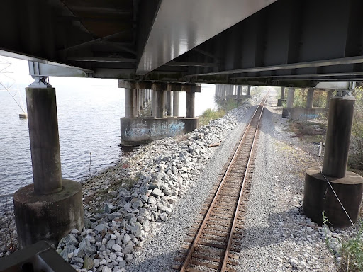 View of the fracture critical pile cap from the underside of the bridge